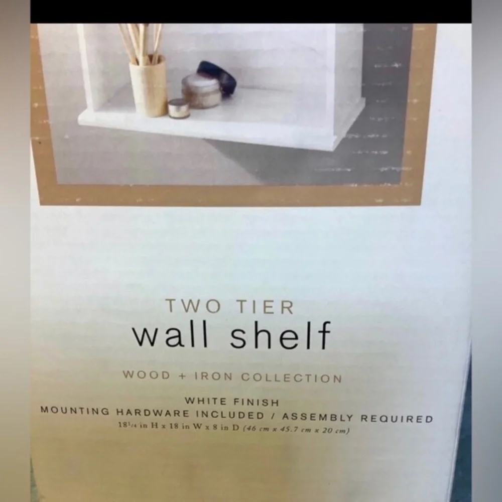 NIB Bath Basics Two Tier Wall Shelf Wood + Iron Collection WHITE FINISH